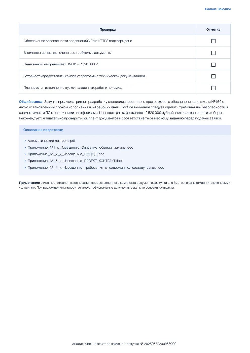 Страница 4 отчёта ИИ-разбора: контрольный перечень и список документов закупки